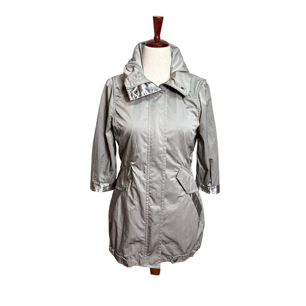 Chico's Zenergy jacket 3/4 sleeve zip collar pockets silver gray long Sz 0 US S